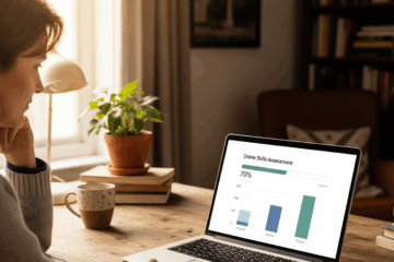 Bilan de compétence en ligne gratuit sans inscription affiché sur un ordinateur portable avec résumé de test