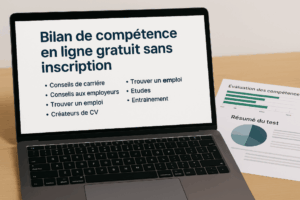Femme réalisant un bilan de compétence en ligne gratuit sans inscription sur son ordinateur